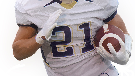 Photo illustration of a running back carrying a football in an American football game on a white background.