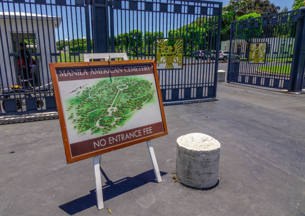 Manila American Cemetery and Memorial Manila, Philippines - Apr 13, 2017. The gate of Manila American Cemetery and Memorial. The cemetery honors the American and allied servicemen who died in World War II. taguig stock pictures, royalty-free photos & images