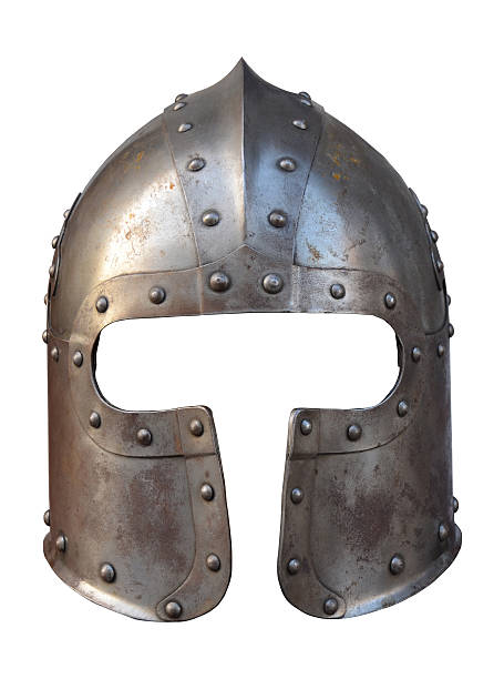 Medieval Helmet Isolation Of The Helmet Of A Medieval Suit Of Armour On A White Background helmet stock pictures, royalty-free photos & images