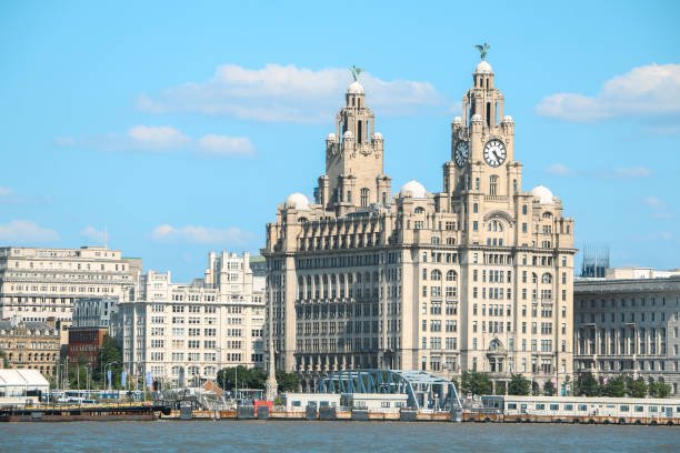 view of the iconic royal liver building in liverpool from river mersey, with the liver birds, bella and bertie crowning the famous piece of architecture, guarding the city - cunard building imagens e fotografias de stock