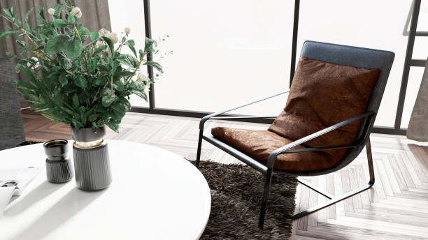 istock living room interior design Mid-Century style pattern. Leather armchair, round coffee table, flower vase. 3D render 1627295916