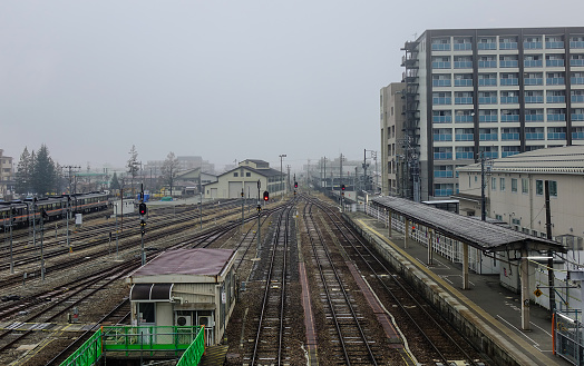 Nagoya, Japan - Dec 3, 2016. Tracks of railway station in Nagoya, Japan. Railways are the most important means of passenger transportation in Japan.