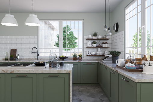 Photo of a modern and bright kitchen, pastel color. Render image.