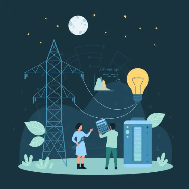 Vector illustration of Electric power production and distribution dark concept