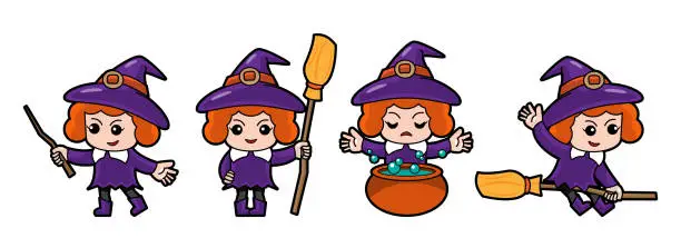 Vector illustration of Set of cute Witch cartoon characters . Halloween concept . Isolate white background . Vector .