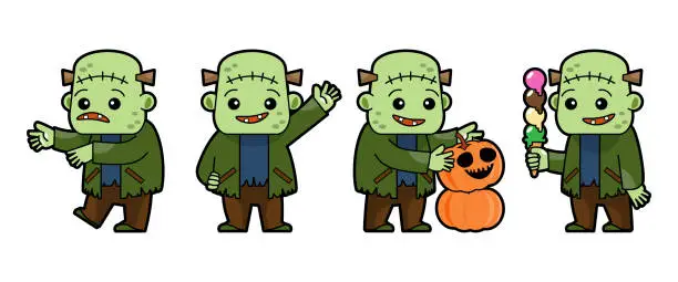 Vector illustration of Set of cute Frankenstein cartoon characters . Halloween concept . Isolate white background . Vector .