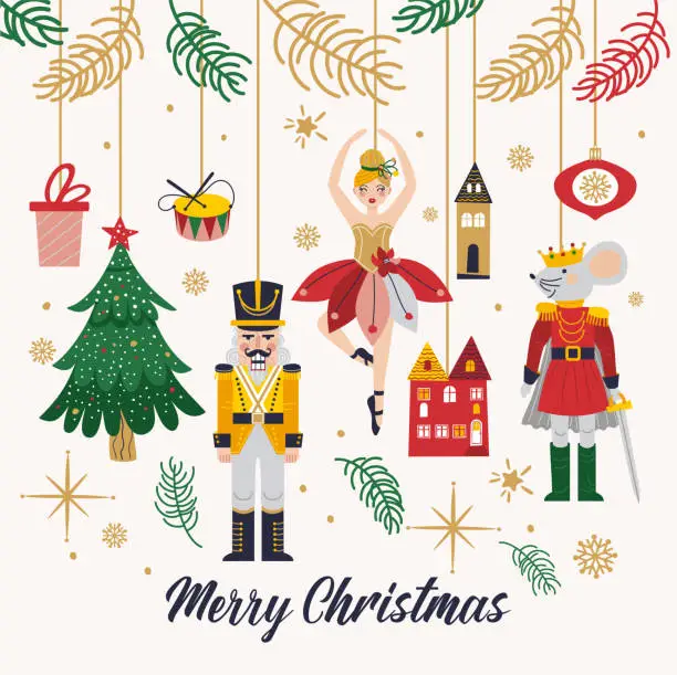 Vector illustration of Merry Christmas, New Year set with Ballerina, Mouse King and Nutcracker. Christmas card three and toys