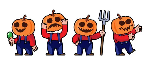 Vector illustration of Set of cute Scarecrow with pumpkin head cartoon characters . Halloween concept . Isolate white background . Vector .