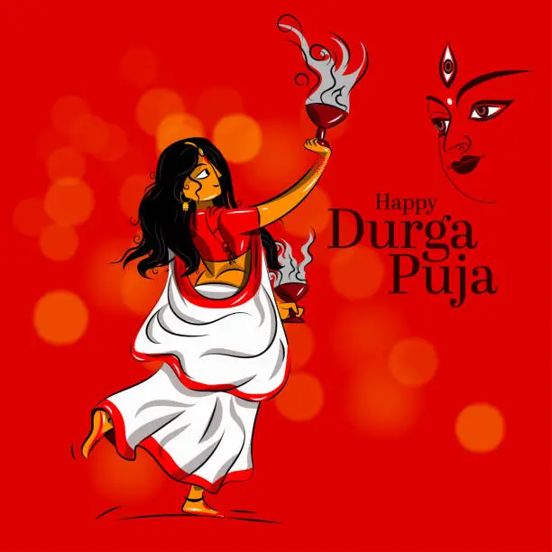 Vector illustration of Bengali woman performing the traditional 'dhunuchi dance' which was organised at a Durga Puja Pandal HAPPU DURGA PUJA