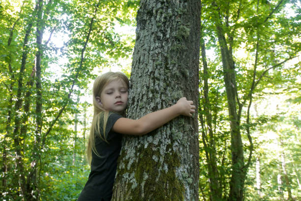 istock Cute little girl hugging tree. Hugging and touching trees provide rich sensory experience for children, reduce stress, improve immunity, lower blood pressure, accelerate recovery from trauma 1627407878