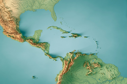 3D Render of a Topographic Map of the Caribbean Sea, Central America. 
All source data is in the public domain.
Color texture: Made with Natural Earth.
http://www.naturalearthdata.com/downloads/10m-raster-data/10m-cross-blend-hypso/
Relief texture: GMTED 2010 data courtesy of USGS. URL of source image:
https://topotools.cr.usgs.gov/gmted_viewer/viewer.htm 
Water texture: SRTM Water Body SWDB: https://dds.cr.usgs.gov/srtm/version2_1/SWBD/