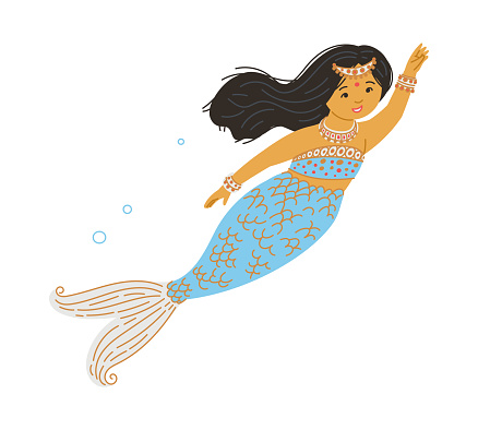 Swimming mermaid with hand up flat style, vector illustration isolated on white background. Decorative design element, beautiful creature with accessories, female character with blue fish tail