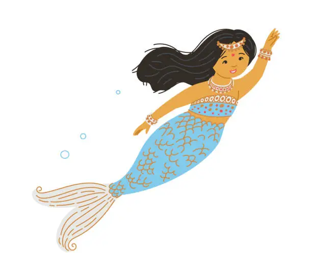 Vector illustration of Swimming mermaid with hand up flat style, vector illustration