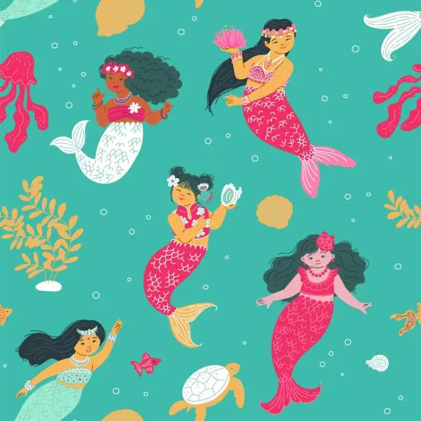 Vector illustration of Seamless pattern with multi ethnic mermaids and seaweeds flat style