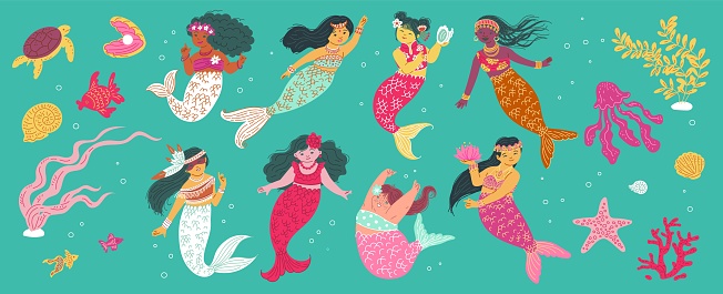 Set of multi ethnic mermaids, seaweeds and underwater inhabitants flat style, vector illustration isolated on turquoise background. Decorative design elements collection, cute fairy tale creatures