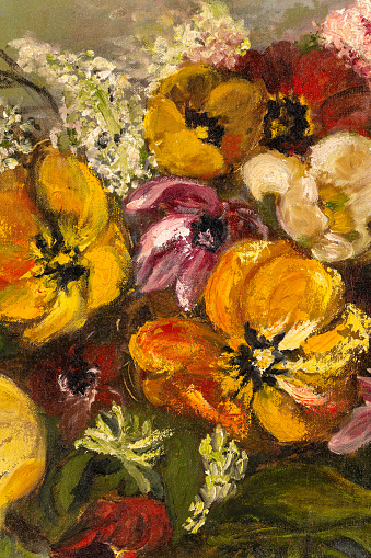 Macro shot of floral still life oil painting depicting an assortment of various flowers in colorful hues.