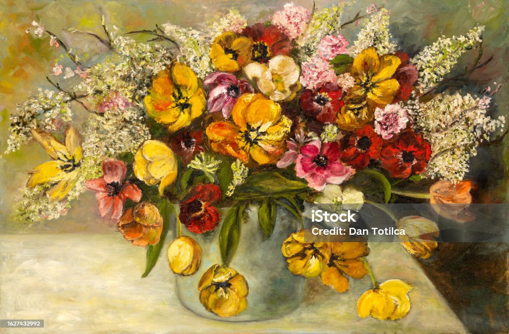 Flowers Bouquet in Vase Oil Painting Floral still life oil painting depicting a bouquet of a white lilacs and assortment of various flowers in colorful hues. Vase on table. Painting - Art Product stock illustration Flowers Bouquet in Vase Oil Painting Floral still life oil painting depicting a bouquet of a white lilacs and assortment of various flowers in colorful hues. Vase on table. Painting - Art Product stock illustration