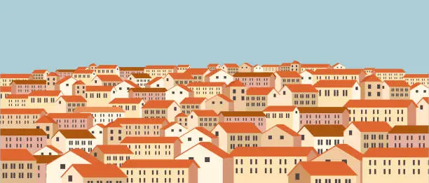 Vector illustration of Background city houses, densely populated city, tourism