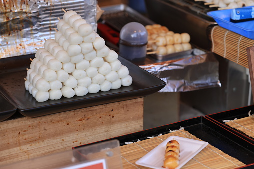 Dango is a Japanese dumpling made from rice flour mixed with uruchi rice flour and glutinous rice flour near asakusa in tokyo