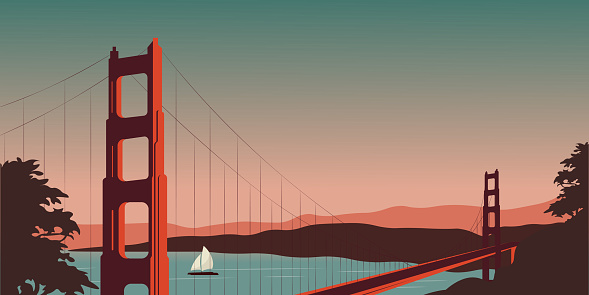 Vector illustration. San Francisco, website background, packaging design, book illustration. Golden Gate Bridge, sunset.