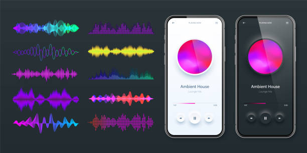 istock Online audio player user interface, smartphone app UI design. Music, media streaming and listening platform. Responsive mobile application. Neumorphism. Various sound waves. Vector illustration 1627447260