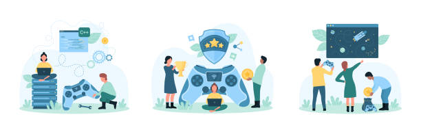 Game development, gamification and esport competition set, tiny people play video game Game development, gamification and esport competition set vector illustration. Cartoon tiny people play video game with gamepad, developers programming and coding digital world and gaming process game developer stock illustrations