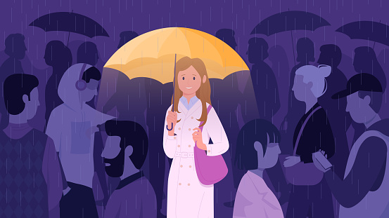 Woman standing in crowd vector illustration. Cartoon happy girl holding umbrella to protect mood from loneliness, stress and indifference of people, depressed sad faceless characters walking around