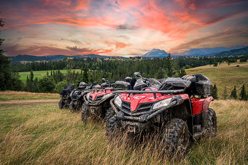 Quad ATV Offroad on green hills mountains background skin