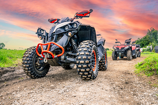 Quad ATV Offroad on green hills mountains background skin