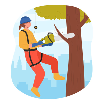 Arborist with chainsaw cutting city park tree vector illustration. Cartoon woman industrial climber in helmet and safety belt holding equipment to cut wood, professional tree surgeon hanging on rope
