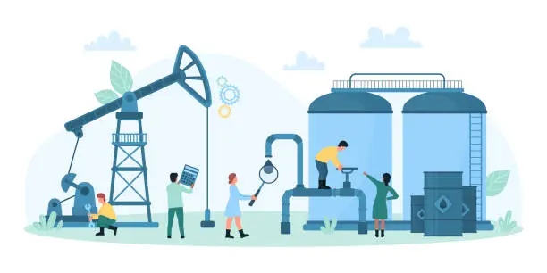 Vector illustration of Safety inspection of oil and gas industry equipment by workers check facility of factory