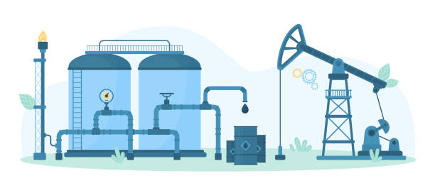 Equipment of oil and gas industry, drilling rig for oilfield exploration, storage tank Equipment of oil industry for oilfield exploration and storage vector illustration. Cartoon drilling rig pumpjack for extraction of natural resource, industrial tank with pipeline, pump and tower natural gas extraction stock illustrations