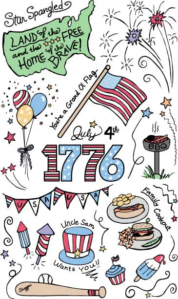 Vector illustration of 4th of July Doodles, hand drawn doodles, independence day