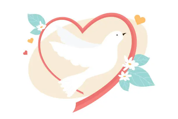 Vector illustration of Dove with olive branch flying inside brush stroke line of heart shape