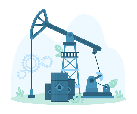 Oil industry equipment, pumpjack and barrels vector illustration. Cartoon drilling rig and pump in crude oil well, industrial machine for oilfield exploration for petroleum production and trade