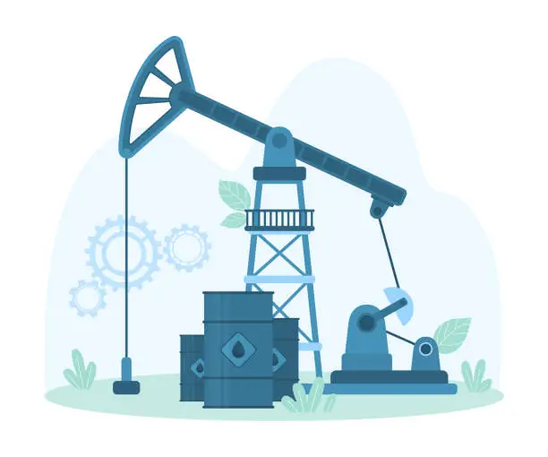 Vector illustration of Oil industry equipment, pumpjack and barrels, drilling rig and pump in crude oil well