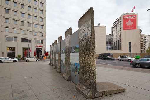 Berlin, Germany - November 15th 2018: Potsdamer Platz (Berlin, Germany) with buildings and Berlin Wall.
