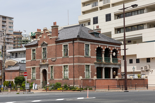 Shimonoseki, Japan - April 18, 2023 : General view of the Former British Consulate in Shimonoseki , Yamaguchi Prefecture, Japan. Constructed in 1906, this building is the oldest existing consulate building in Japan.