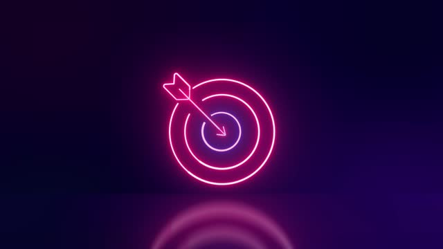 Arrow target luminous neon on purple background. Dart hitting business concept. 3D motion graphic animation.