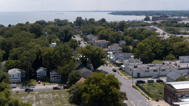 istock Driving along residential E Mellen Str  to waterfront in Phoebus, Hampton, VA. Aerial view 1627556357