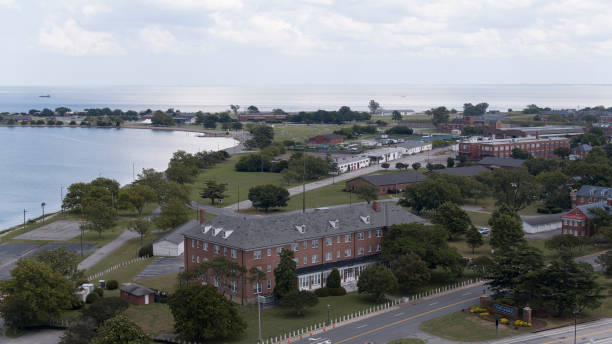 istock Water Bay Townscape against cloudy sky in Phoebus, Hampton, VA. Virginia Peninsula, surrounded by Mill Creek aerial view 1627556906