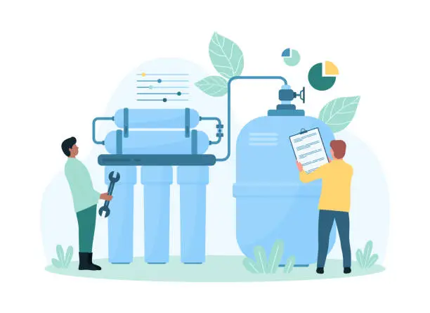 Vector illustration of Water purification with reverse osmosis filtration, tiny people repair treatment system