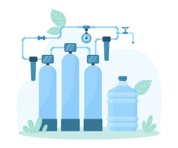 Vector illustration of Purification system for clean water production, automation facility, tanks and pipeline