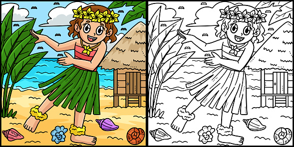 This coloring page shows a Summer Girl in Hula Outfit. One side of this illustration is colored and serves as an inspiration for children.