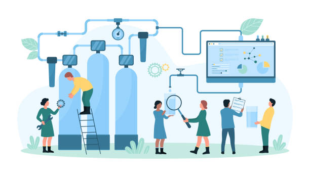수처리 품질 관리, 돋보기로 작은 사람들이 물 탁도를 테스트합니다. - magnification water looking glass stock illustrations