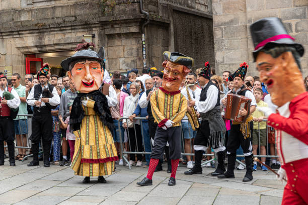 Santiago de Compostela, Spain. The giant heads of the Desfile de Cabezudos (Giant Heads Parade) on Dia del Apostol (Apostle Day)