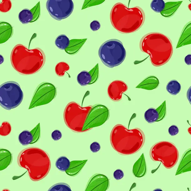 Vector illustration of Berry pattern with leaves, cherries and blueberries on a green background.