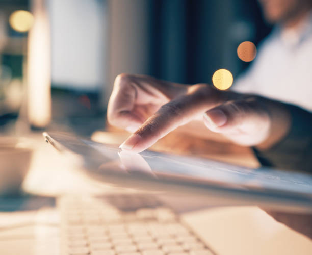 istock Technology, mockup screen and hand on tablet for internet, social media and networking online at night. Communication, office and worker with blank digital tech for mobile app, research and website 1627602652
