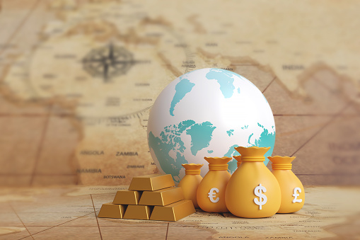 Stack of gold and currency symbols on map background. concept of financial fund exchange rate and profit. 3D Rendering
