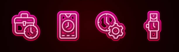 istock Set line Work time, Alarm clock app mobile, Time management and Wrist watch. Glowing neon icon. Vector 1627618610